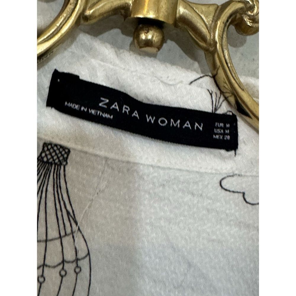 Zara White Sheer Button-Up Blouse with Black Sketch Print - Picture 3 of 4